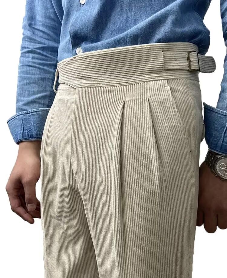 Formal Men's Pants Corduroy Dress Pants Design Buckle Tailored Waistline Fit Male Winter for Wedding Groomsman