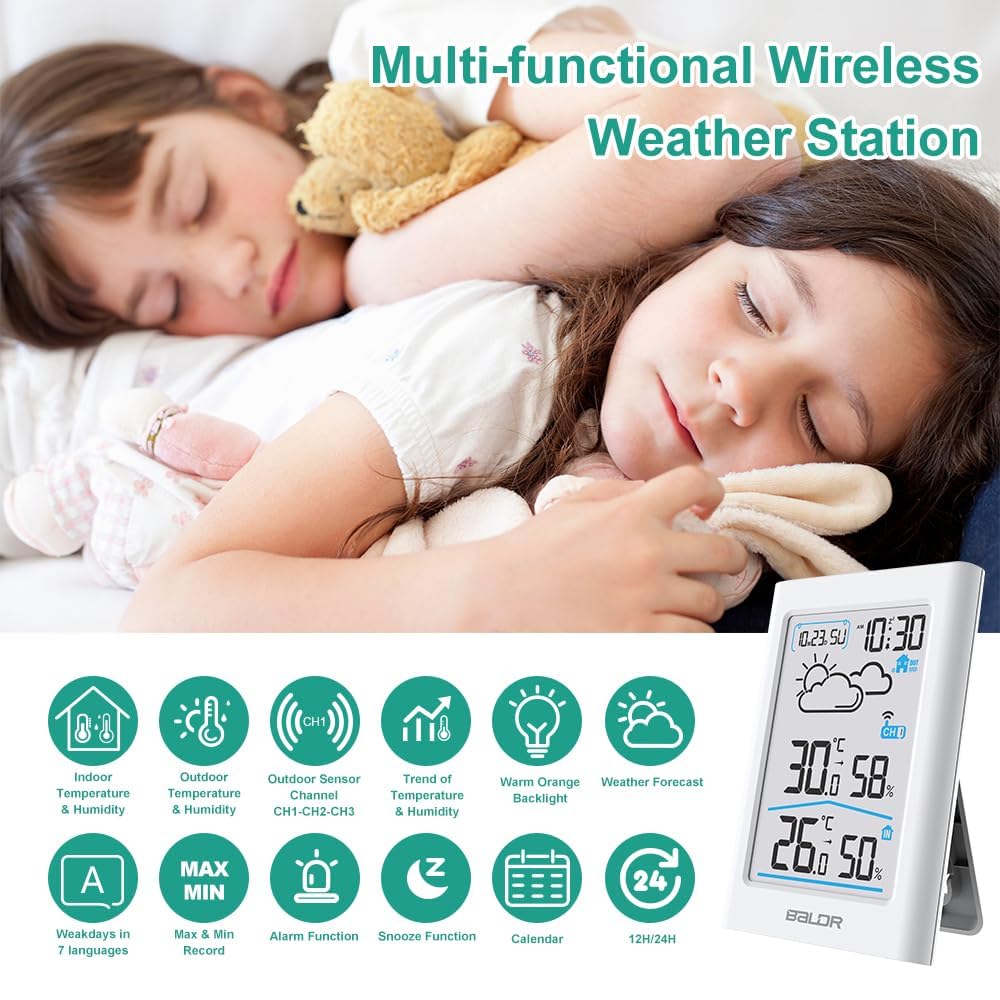 BALDR Estación meteorológica con sensor exterior, termómetro digital, higrómetro, termómetro para interiores y exteriores, hidrómetro, humidity with Weather Forecast, reloj de alarma
