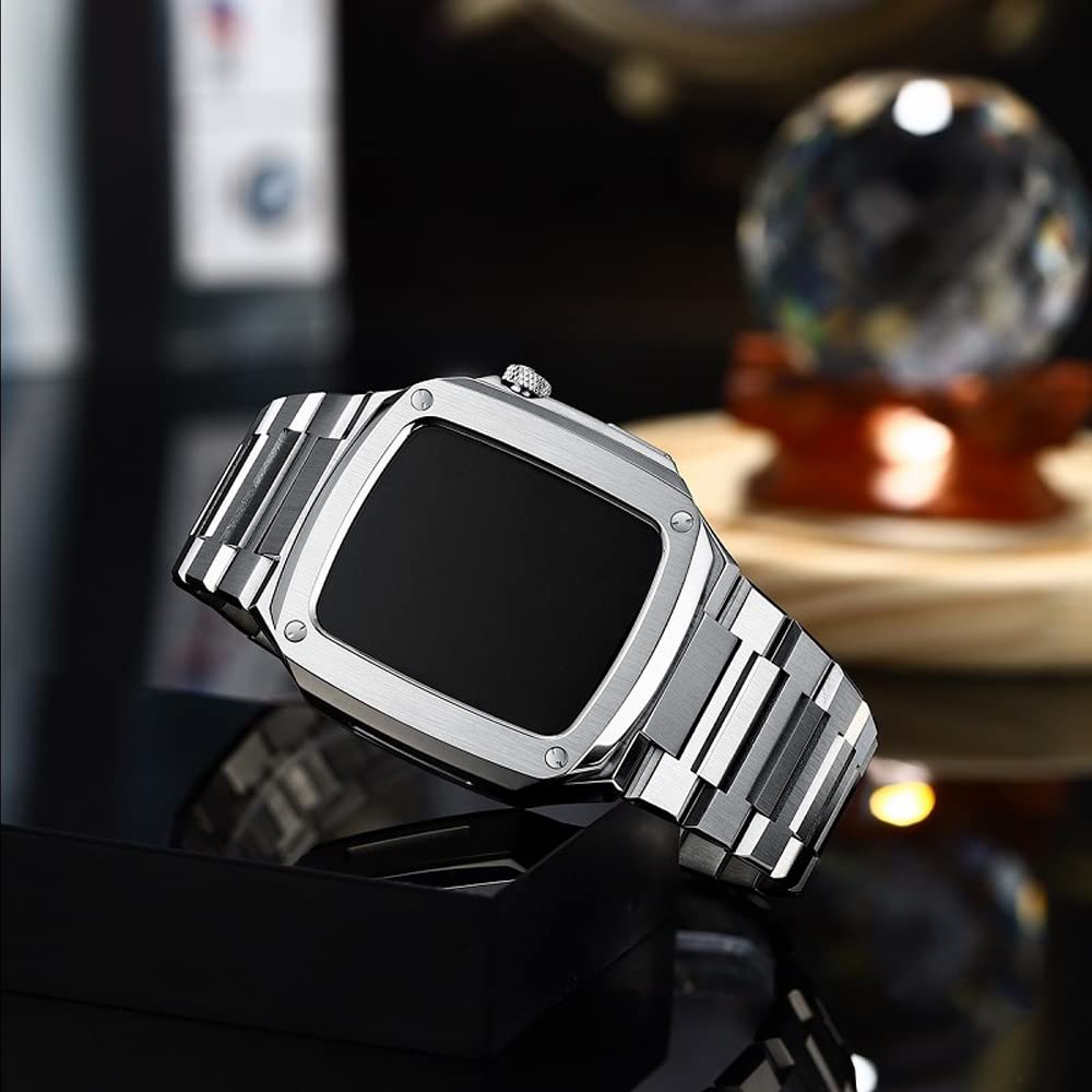 JDIME Correa de acero inoxidable para Apple Watch Series 9, 8, 7, 6, SE, 5, 4, 4, 45 mm, 44 mm, cubierta de metal, accesorios para reloj inteligente