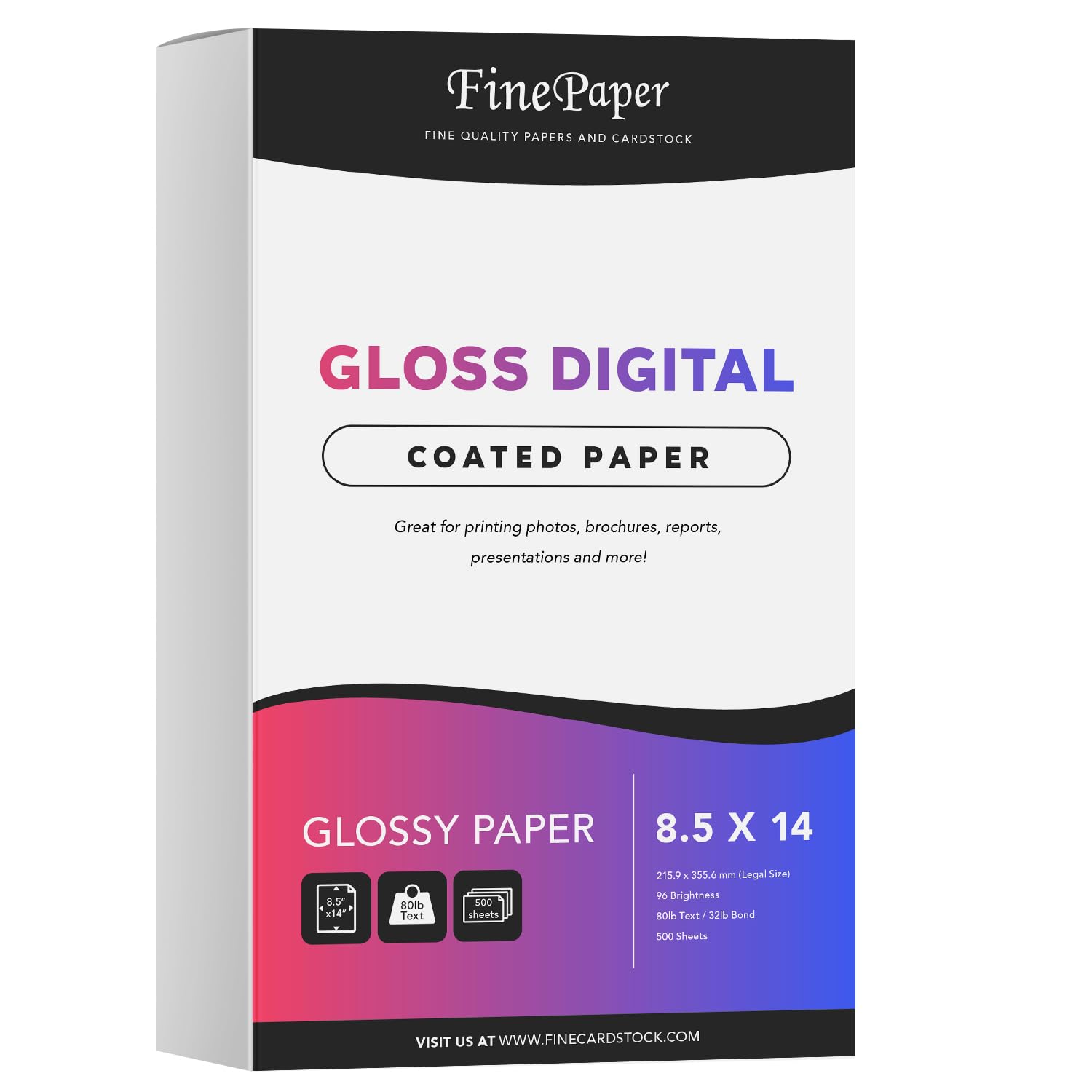8.5x14 Gloss Digital Paper, Menus, Legal Size, Perfect for Color Laser Printing, Flyers, Brochures, 8.5 x 14” | 80lb Text (32lb Bond) | 96 Bright |