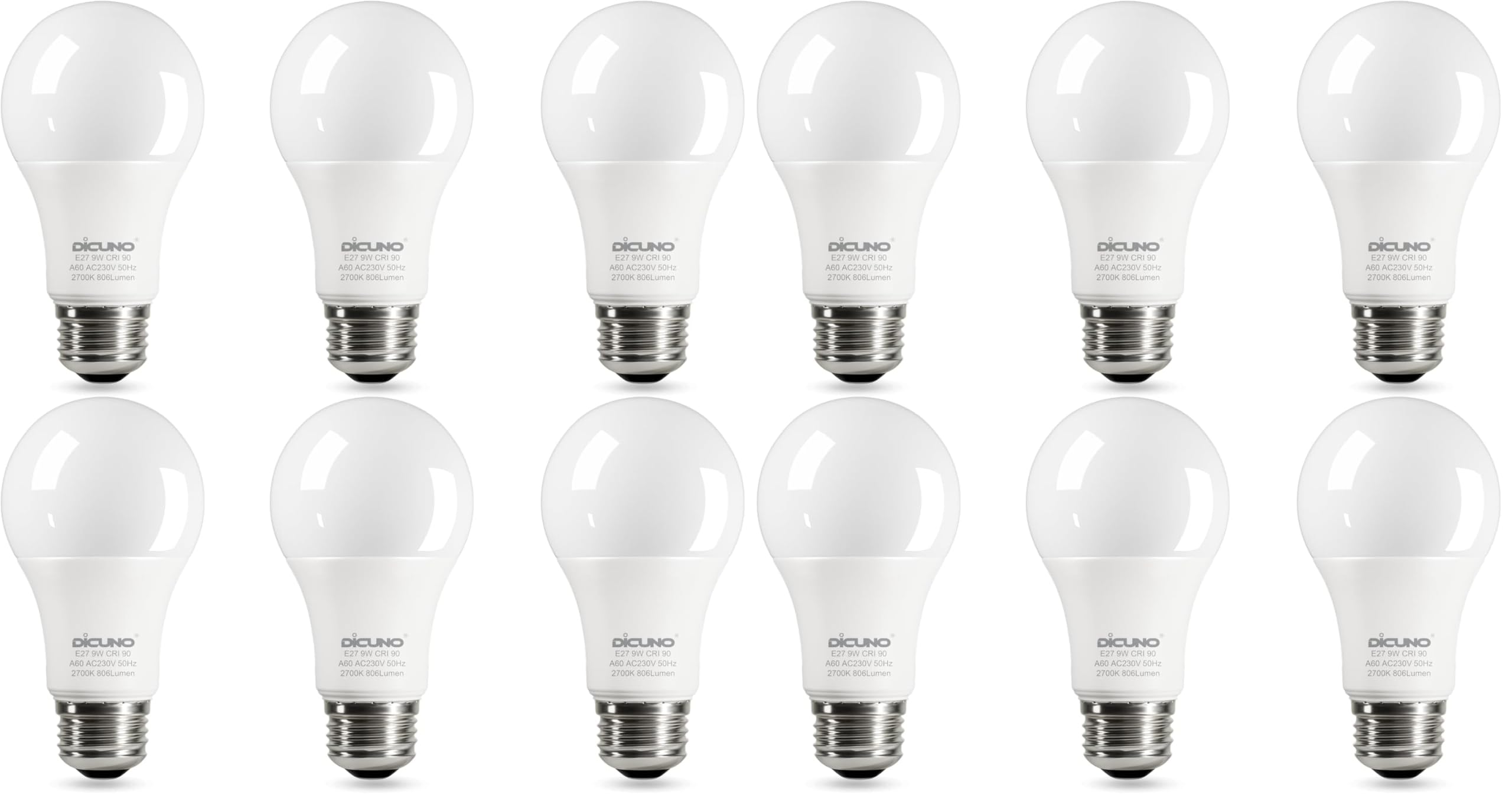 DiCUNO 9W E27 LED Lampe ersetzt 60W, Warmweiß 2700K, 806lm, 12er Pack