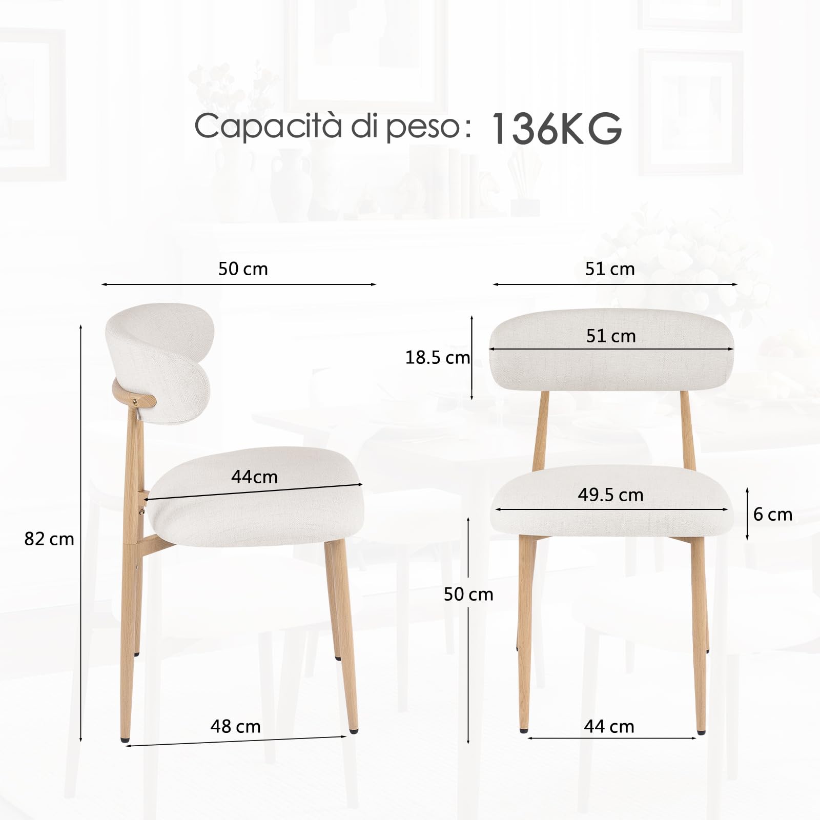 Set di 4 Sedie da Pranzo, Sedie da Cucina in Lino, Poltrone da Salotto con Gambe in Metallo, Sedia Imbottita Sala da Pranzo per Sala da Pranzo Cucina Soggiorno Camera da Letto, Beige