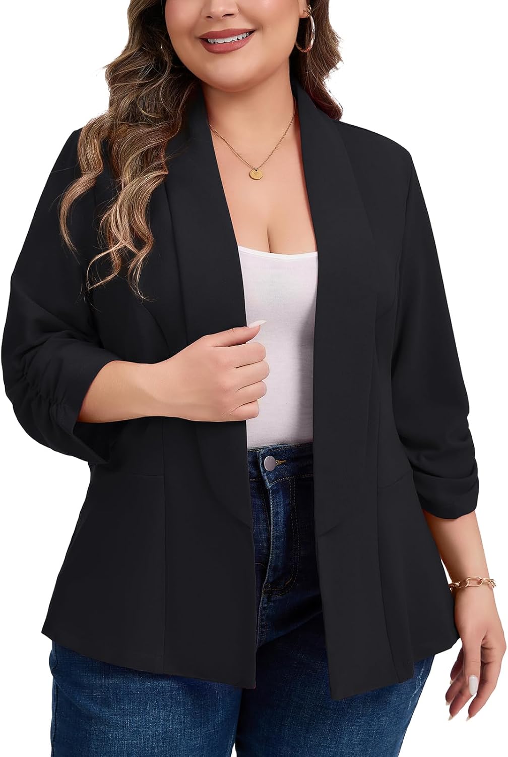 Plus Size Blazer for Women Elegant Ruched 3/4 Sleeve Blazers Oversized Open Front Cardigan Business Casual Suit
