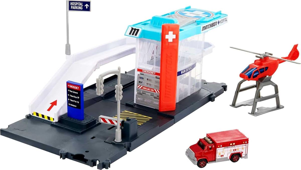 Juego de coches, rescate de helicópteros de Action Drivers y ambulancia y helicóptero de juguete a escala 1:64, se conecta a otros conjuntos