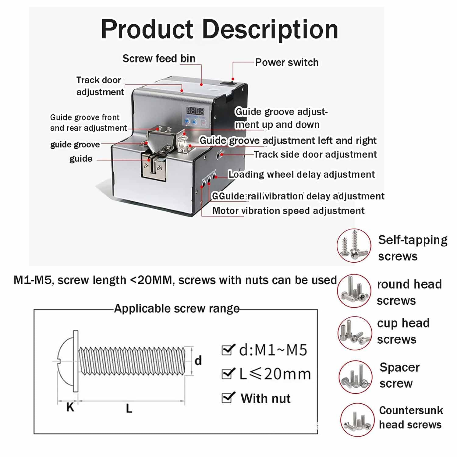 Máquina alimentadora automática de tornillos para producción industrial, capacidad de 500 cc, asas de tornillos M1.0 a M5.0 de hasta 20 mm de longitud