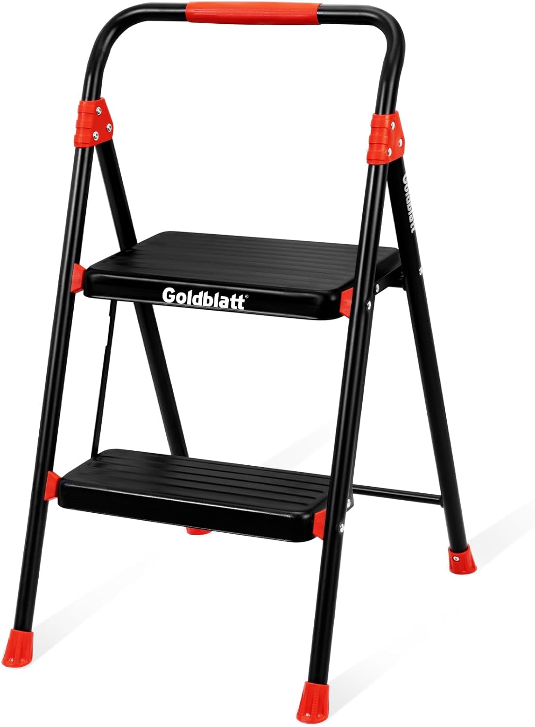 Goldblatt 2-Step Folding Step Stool Heavy Duty Steel Ladder, Auto-Lock Safety, Anti-Slip Wide Steps & Rubber Feet, Ergonomic Padded Handle, Portable for Home, Kitchen, Bedroom, Garage