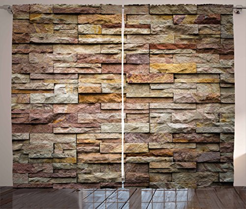 Ambesonne Marble Print Curtains, Urban Brick Slate Stone Wall Rocks Featured Facade Architecture Town Picture, Living Room Bedroom Window Drapes 2 Panel Set, 108 X 90, Light Brown