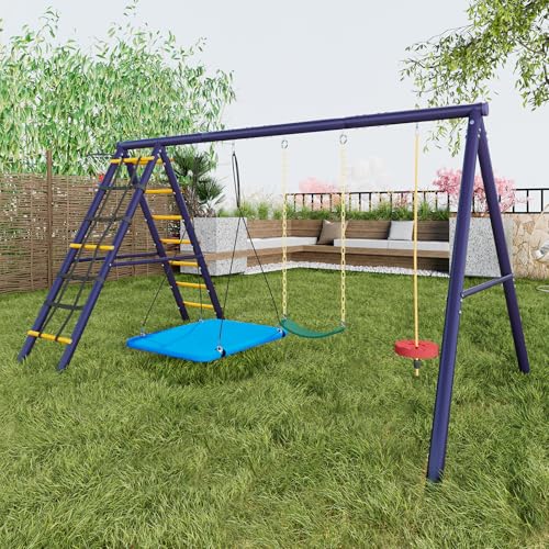 Juego De Columpio 4 En 1 para NiñOs,Columpio JardíN Exterior con Estructura De Metal,Columpio Infantil con Escalera,Aro De Baloncesto,ParaíSo Infantil Al Aire Libre. ﻿
