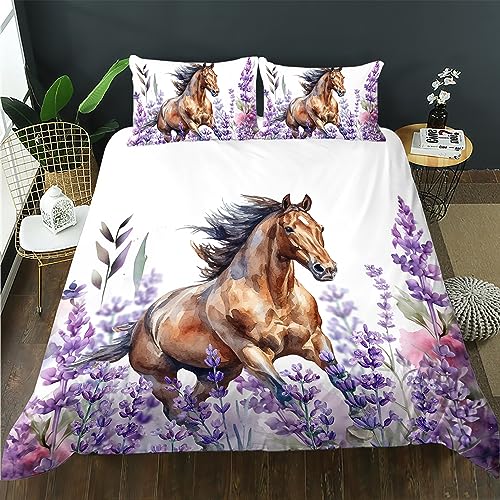 AILONEN Horse Duvet Cover Twin Size, Galloping Horse Bedding Set for Boys Girls Kids,Lavender Flowers Comforter Cover 3PCS,1 Quilt Cover and 2 Pillowcases,Soft Microfiber
