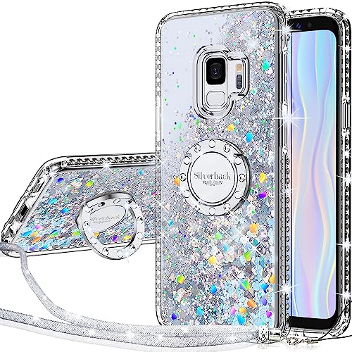 Miss Arts for Samsung S9 Case, [Silverback] Liquid Sparkle Glitter Case With Kickstand and Lanyard, Bling Diamond Ring Shockproof Protective Cover for Girls Women for Samsung Galaxy S9 -Clear Silver