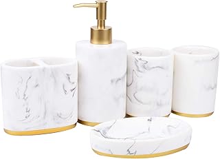 Iycorish Ensemble d'accessoires de salle de bain 5 pièces pour salle de bain, distributeur de savon, pompe avec motif marbre, support pour brosse à dents, bol à savon