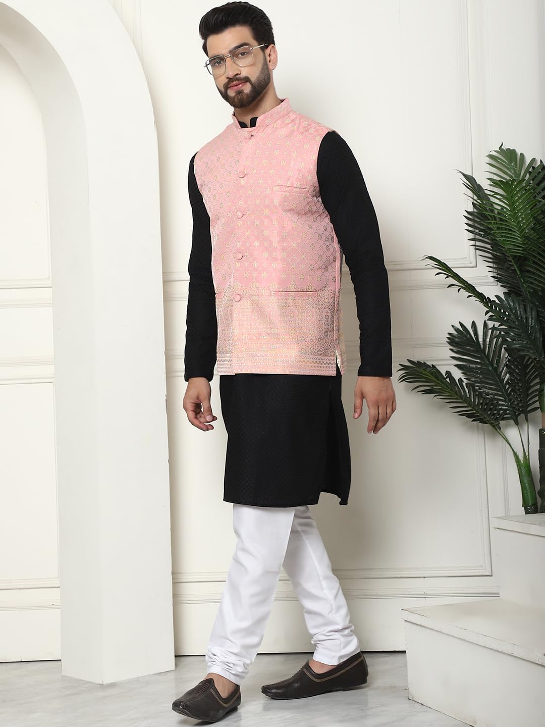 Sojanya (Since 1958 Men's Pure Cotton Black Kurta And White Pyjama With Pink Nehru Jacket