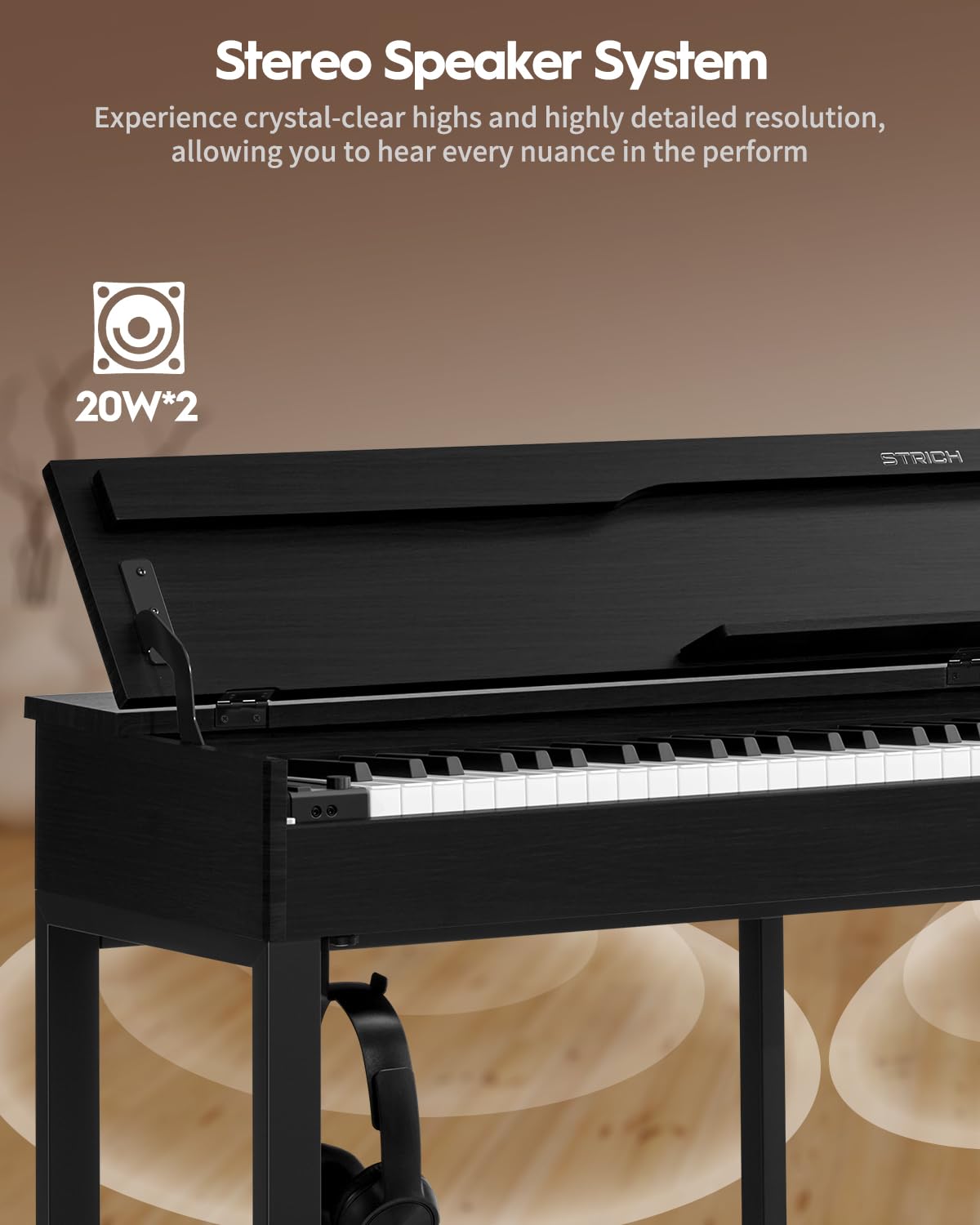 STRICH Pianoforte digitale a 88 tasti, tastiera completamente ponderata con azione a martello, tastiera per pianoforte elettrico con supporto per mobili, cuffie, tre pedali, nero classico, SDP-500