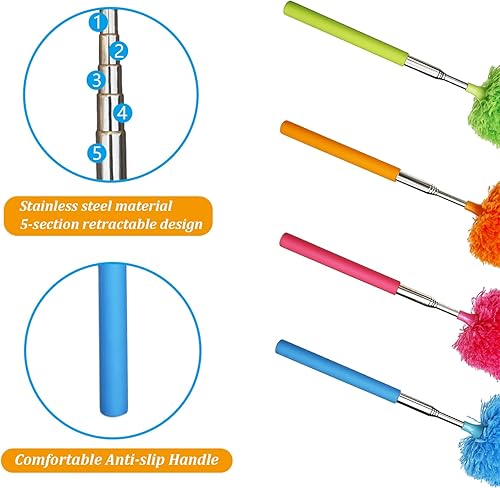 Miniatura 3 de Paquete de 4 plumeros de microfibra, con poste extensible y cabezal flexible, herramienta de limpieza de microfibra lavable para limpieza de