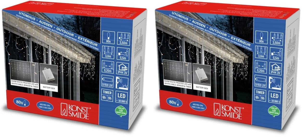 Konstsmide LED Eisregen Lichtervorhang, mit Lichtsensor und 6h und 9h Timer, gefrostet, 80 warm weiße Dioden, batteriebetrieben, Außen (IP44), weißes Kabel - 3739-132 (Packung mit 2)