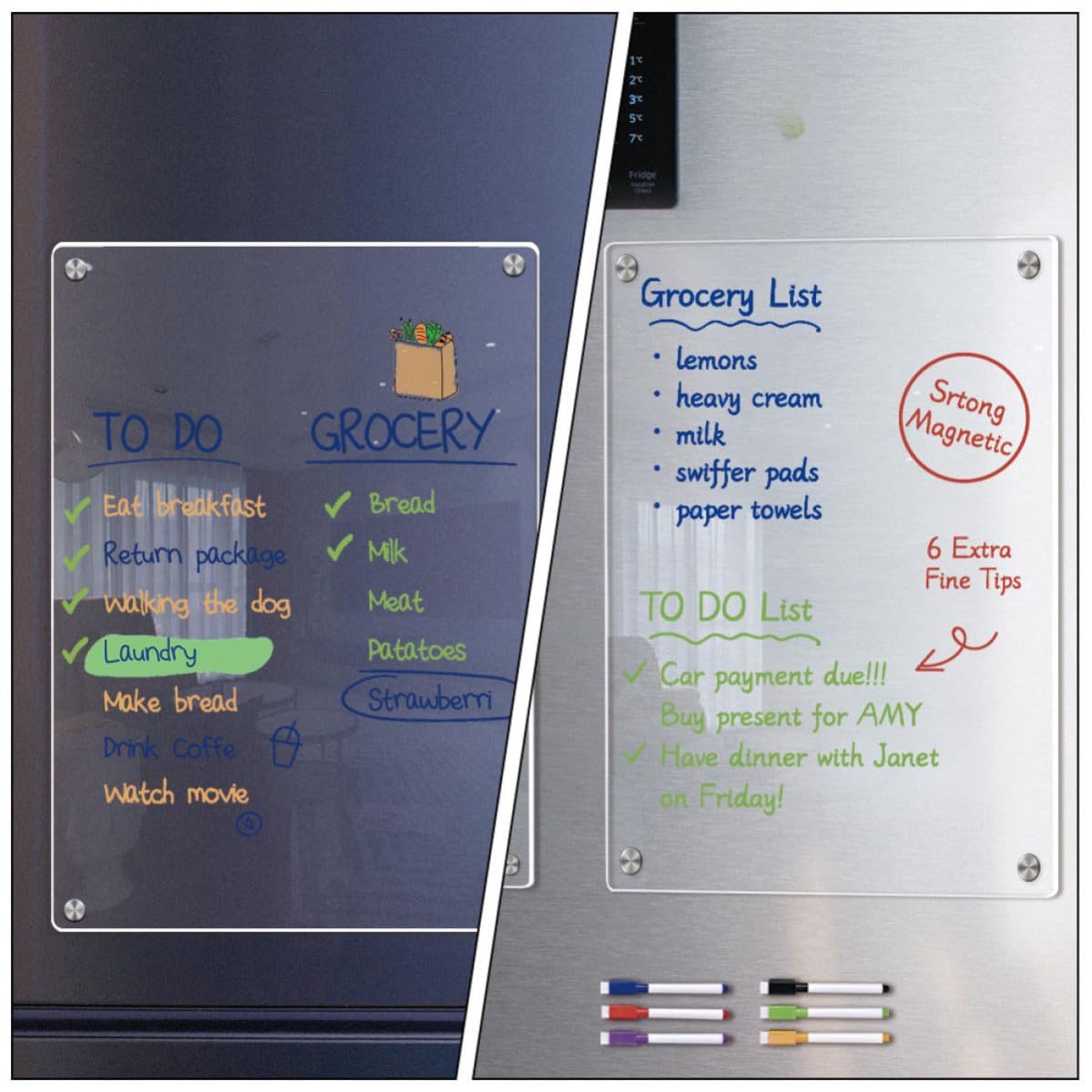 Tofficu Lavagna Magnetica Pannello Cancellabile a Gesso Magneti Trasparente in Acrilico per Frigorifero A3+a4 Planner Mensile 6 Pennarelli per Cucina e Organizzazione Domestica