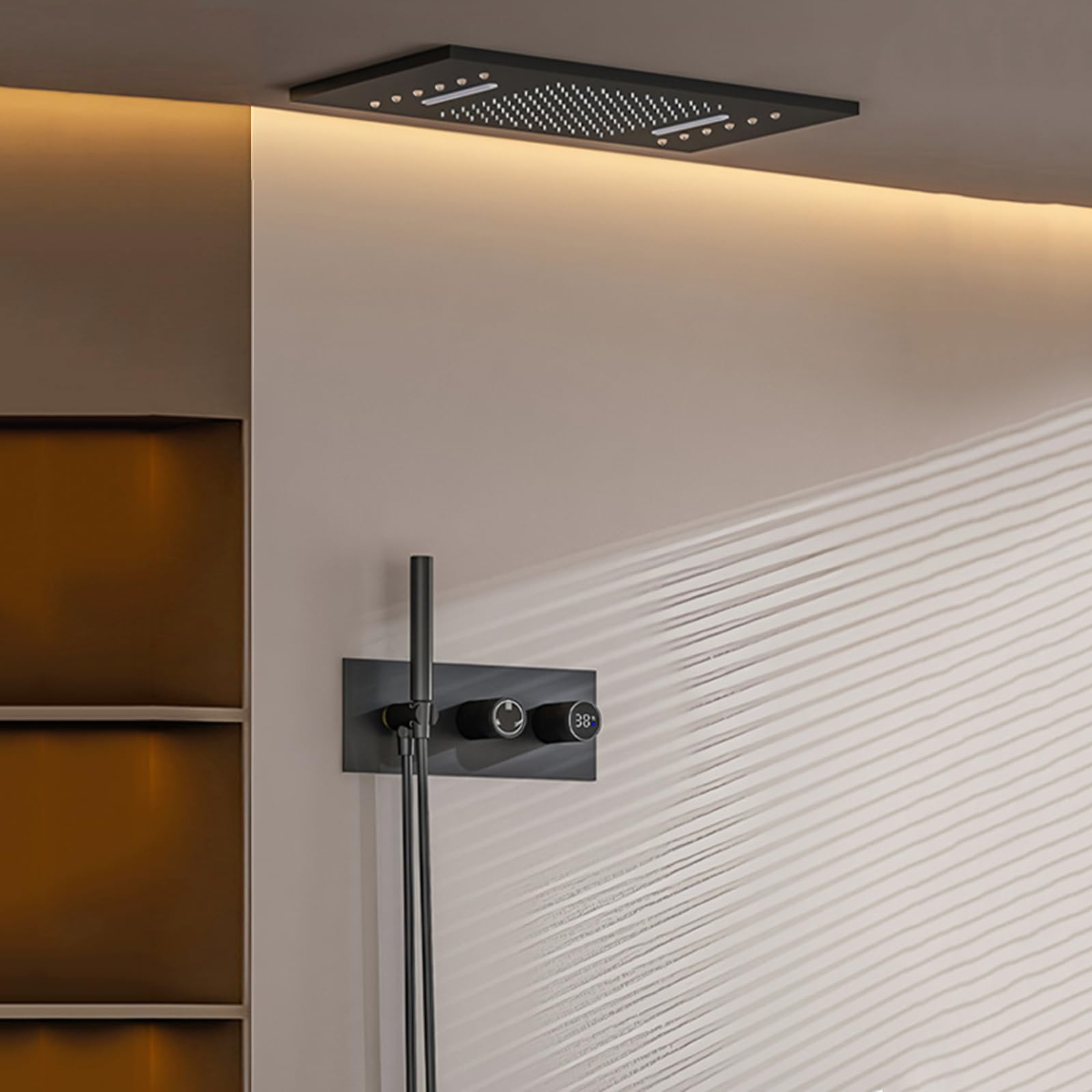 XJTNLB Columna Ducha Empotrada Led Negro, Rociador Ducha Rectangular Led Efecto Lluvia, Instalación Techo
