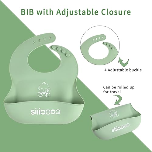 Miniatura 4 de Juego de alimentación de silicona para bebés, juego de suministros de destete con placa de succión, babero, taza para beber, cuchara y tenedor