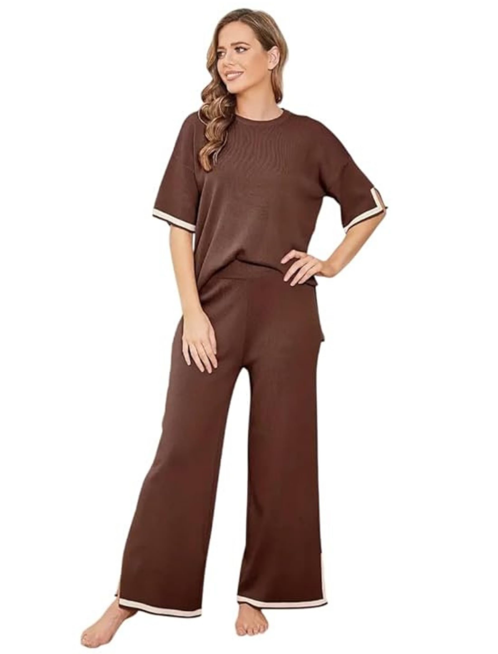 satpurush Women's Cotton Solid Pattern Co-ords Set with T-Shirt & Pant Round Neck Half Sleeve and Pull On Casual Loungewear Brown-picture-25