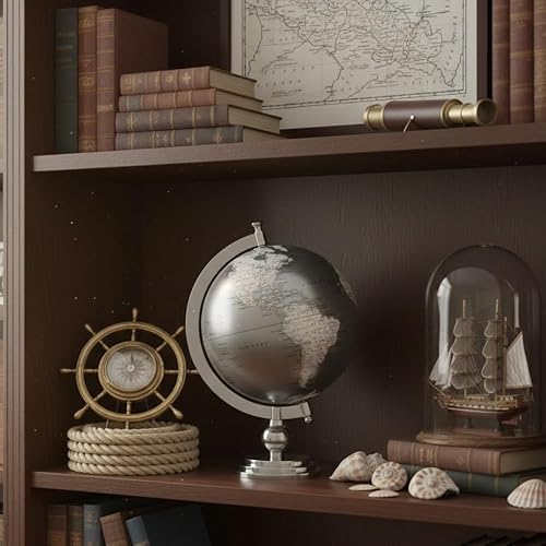 Miniatura 6 de Globo de mundo de aluminio gris plateado, globo giratorio decorativo de 18 pulgadas de alto con pedestal cromado y remate, acento moderno