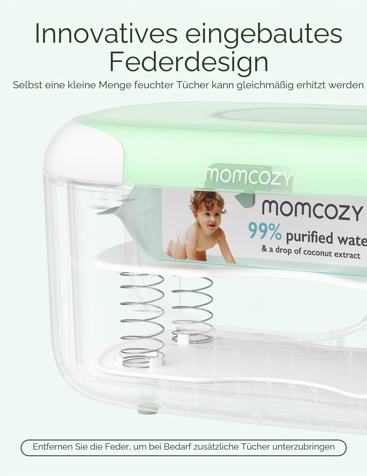 Momcozy Baby-Tücherwärmer, 100 Stück, größeres Fassungsvermögen, 10 Minuten schnelles Aufheizen mit 4 Temperaturmodi, innovatives Feder-Design, Silikon und obere Dichtungen, schnelles gleichmäßiges