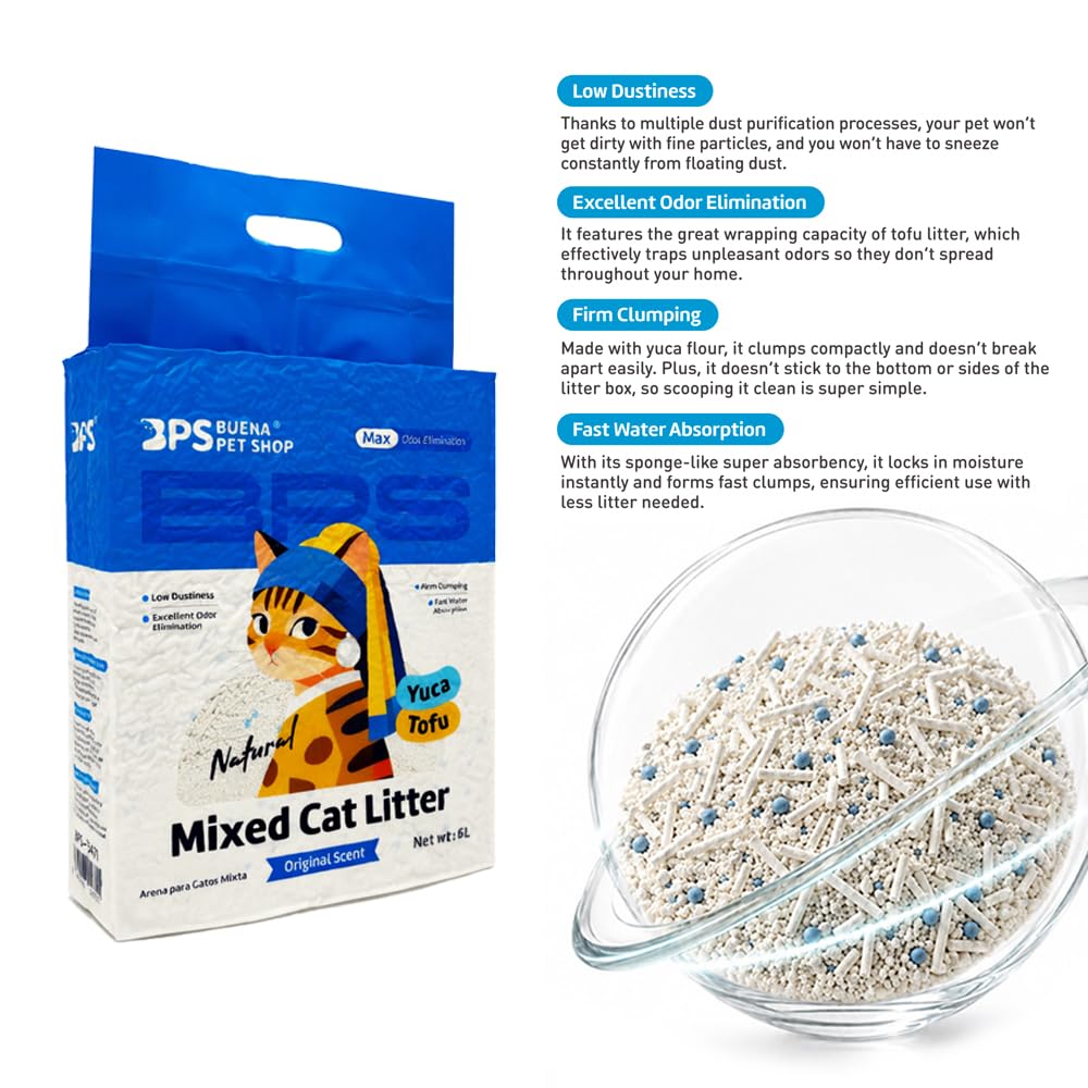 BPS 4Pcs Arena Aglomerante Mixta para Gatos, Tofu y Yuca, Control de Olores, Absorción Rápida, Formación de Grumos Firmes, Aroma Original BPS-15471 * 4