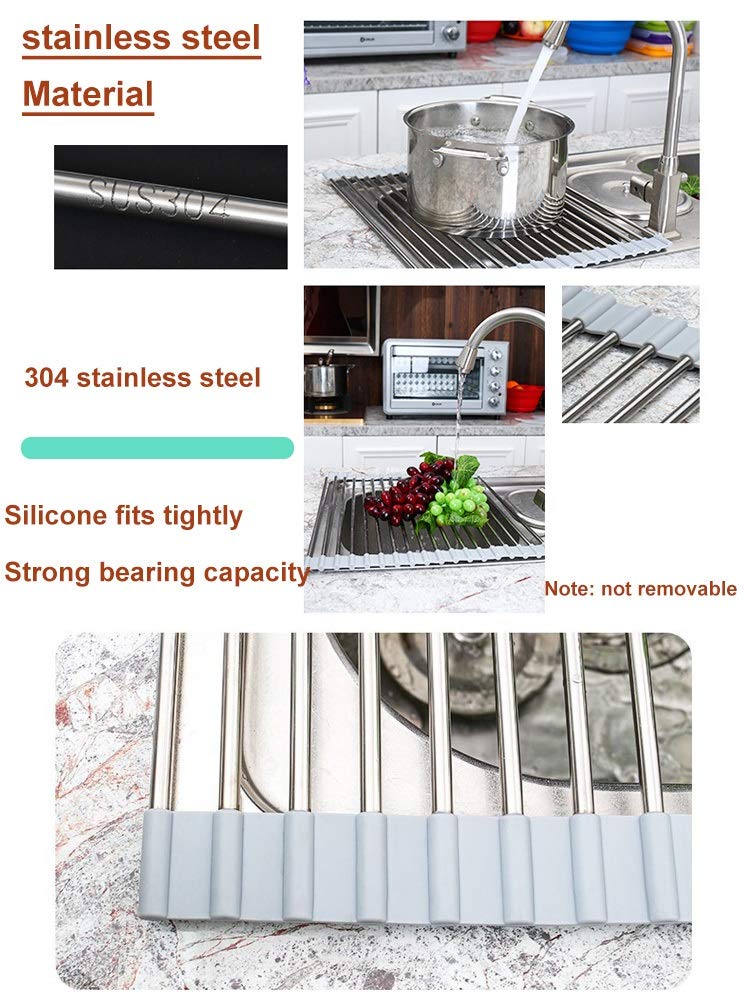 Escurridor de Platos, Rejilla for secar Platos Enrollable, Llantas Plegables de Silicona Acero Inoxidable, Fregadero Cocina Gris Varios tamaños | 22*42cm