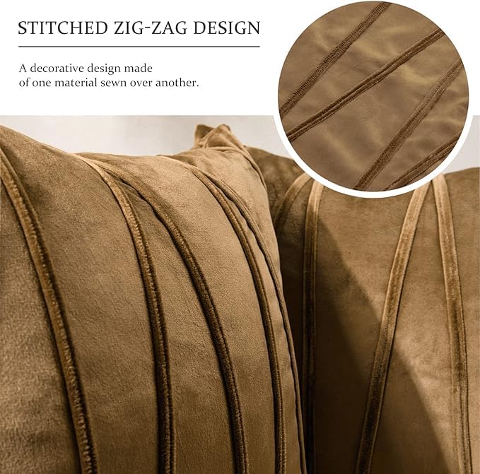 Image of Amazon Brand - Umi Decorative Striped Throw Pillow Covers 22 X 22 Inch,Soft Solid Velvet Pillow Covers Cushion Case with Zigzag Pattern for Sofa Bedroom 55 X 55 Cm (Pack of 2) Brown