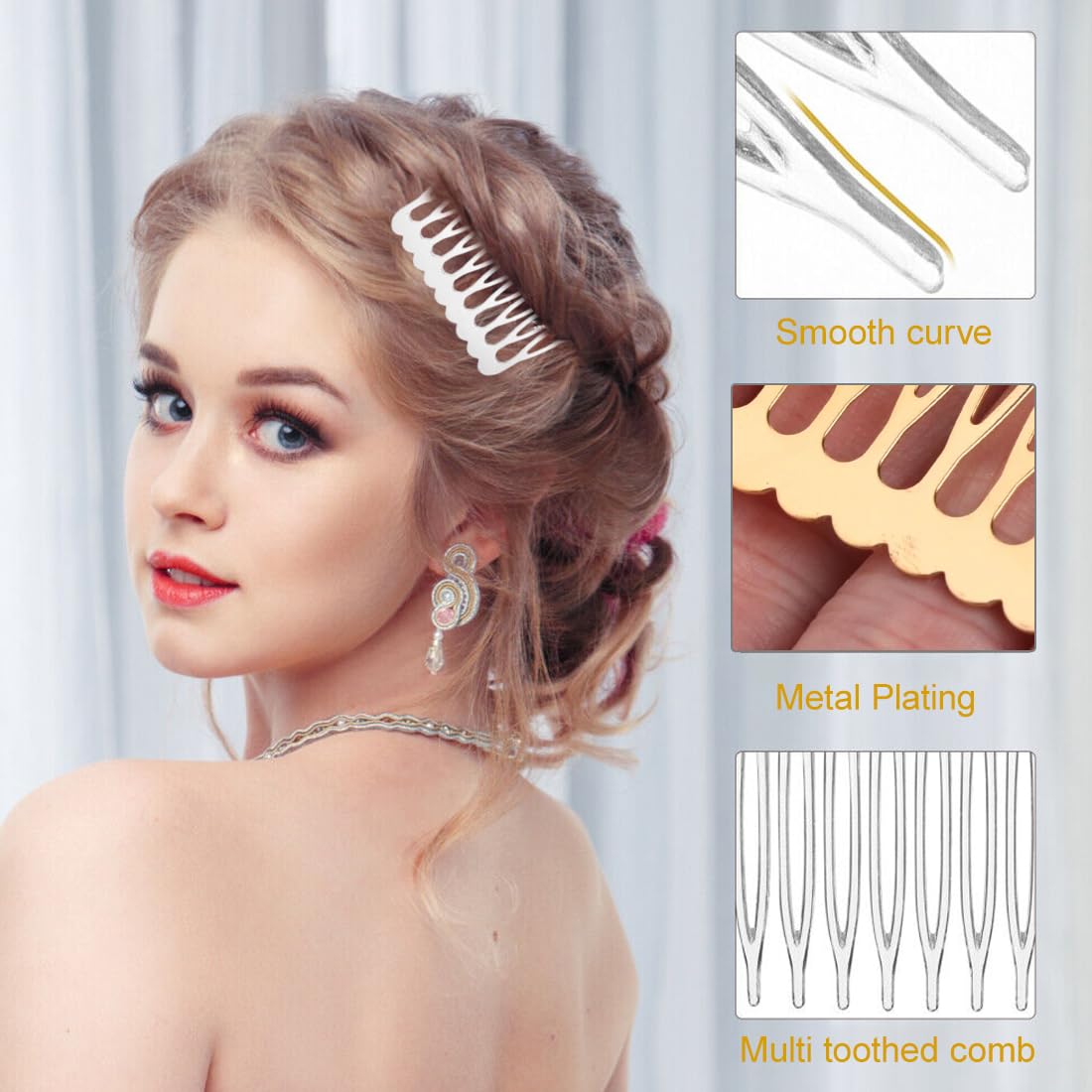 24 peinetas laterales de metal, peinetas para velo, peineta lateral para mujer con dientes para accesorios de cabello con clip de moño plateado y dorado.