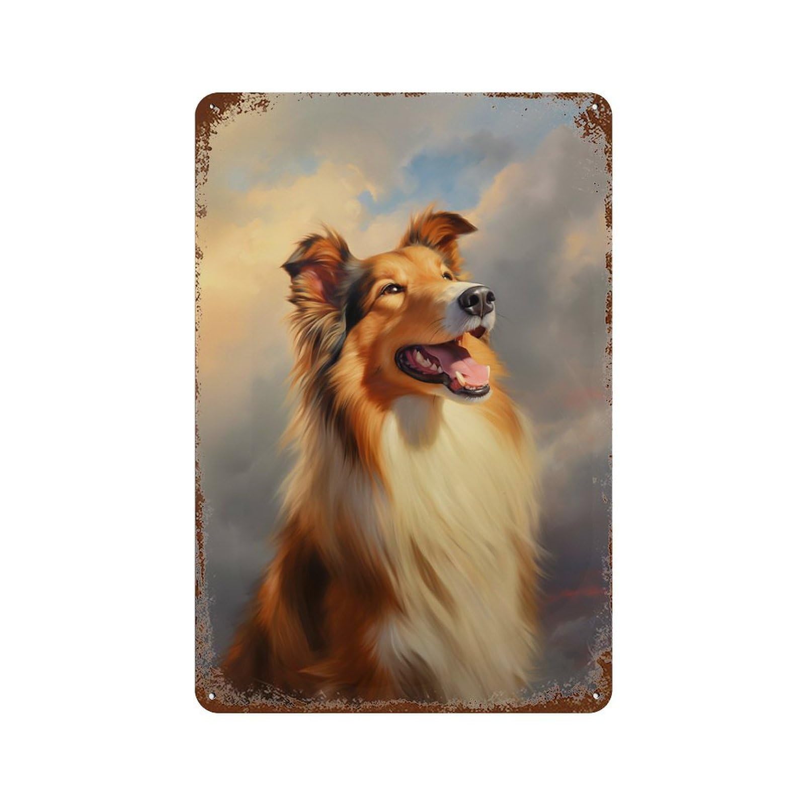 Weathered Tin Sign with Rough Collie Design 11.8"x7.9", for Shed, Workshop And Garage Wall Decor, Decorative Metal Wall Art