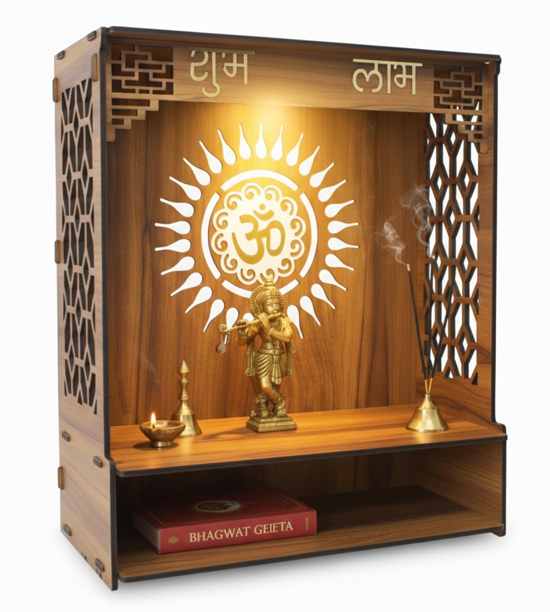 GOJEEVA KRAFT Royal Walnut Finish Wooden Pooja Mandir | Wall Mounted Home Temple with LED Lights & Spacious Storage | Premium Handcrafted Puja Unit (37.5 * 29 * 25 CM) (Large) A8
