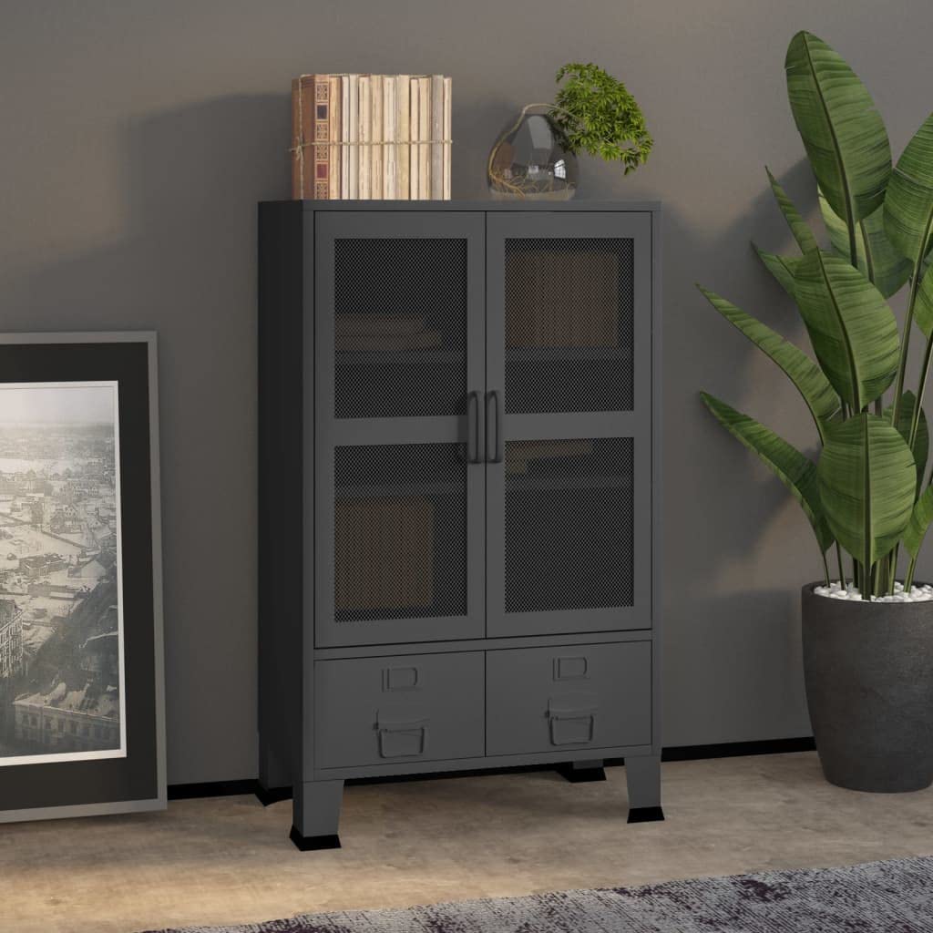 Armadio portaoggetti industriale antracite, 70 x 40 x 115 cm, in metallo, organizer con ante a griglia e cassetti, per soggiorno, camera da letto, corridoio, cameretta dei bambini