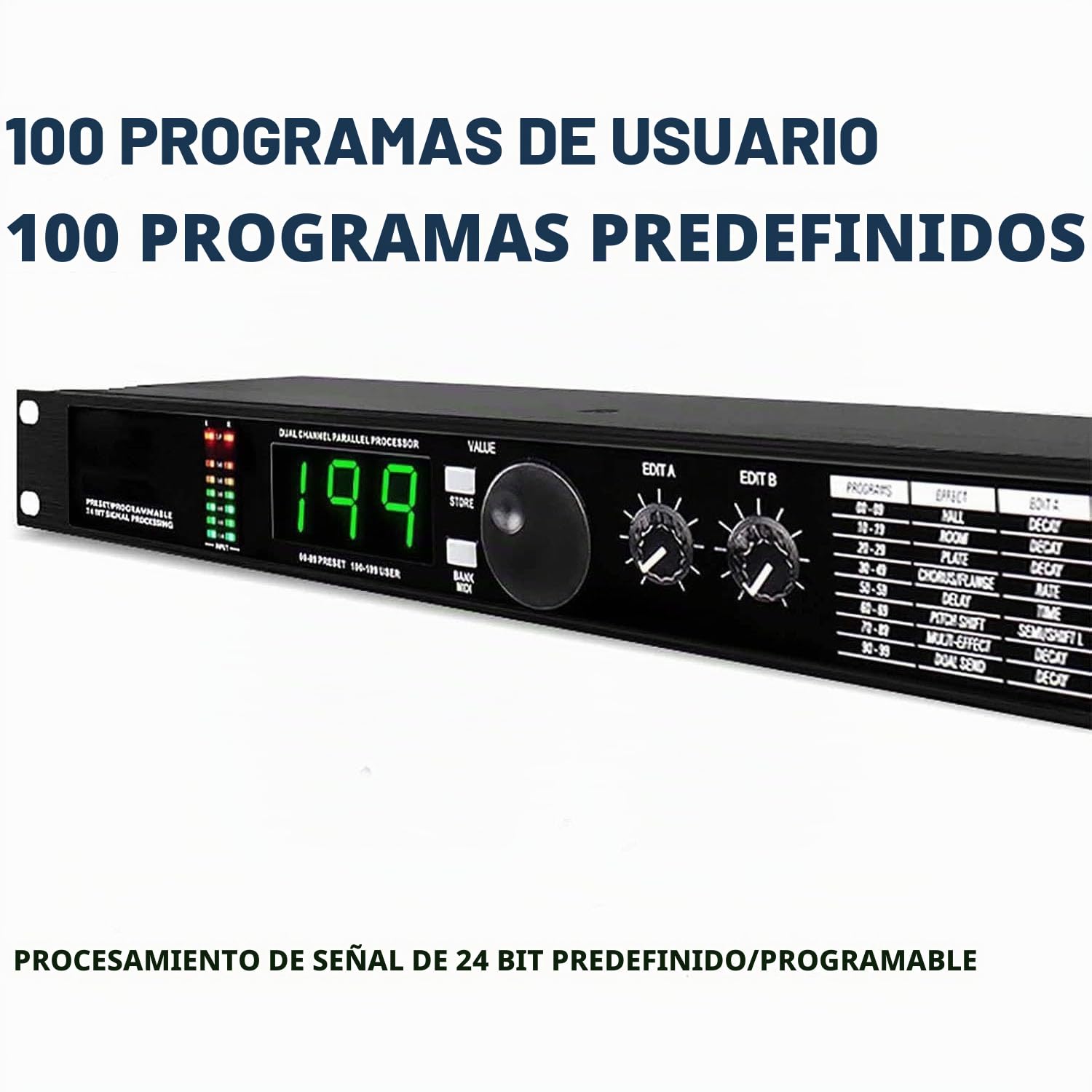 Procesador De Audio Profesional, Ecualizador, Procesador DSP De Reverberación Digital, Procesamiento De Señal De 24 Bits Programable Preestablecido, 99 Programas Preestablecidos, 199 Memoria De Efecto