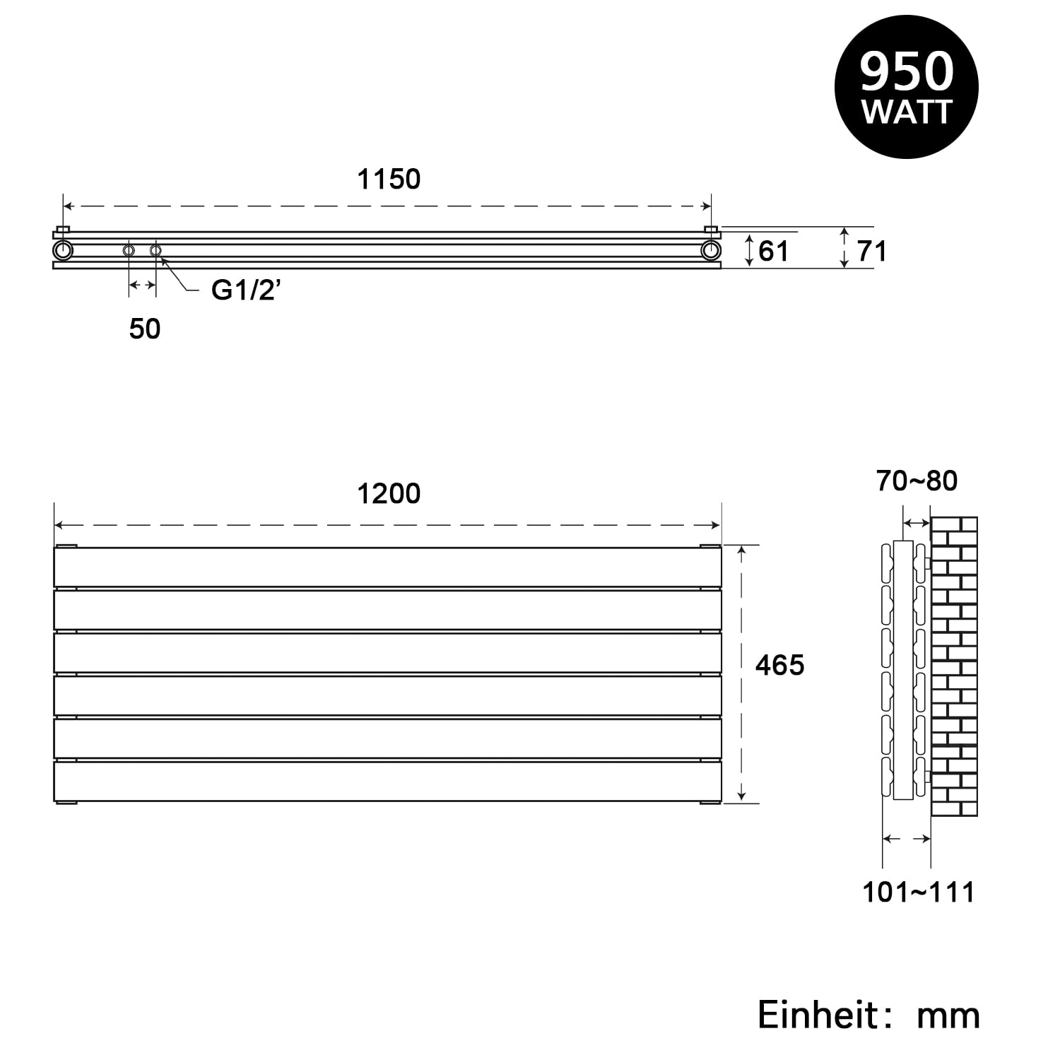 SONNI Design Heizkörper 1200x465mm Weiß 950 Watt, Doppellagig Heikörper flach horizontal Flachheikörper für Bad Seitenanschluss Badheizkörper