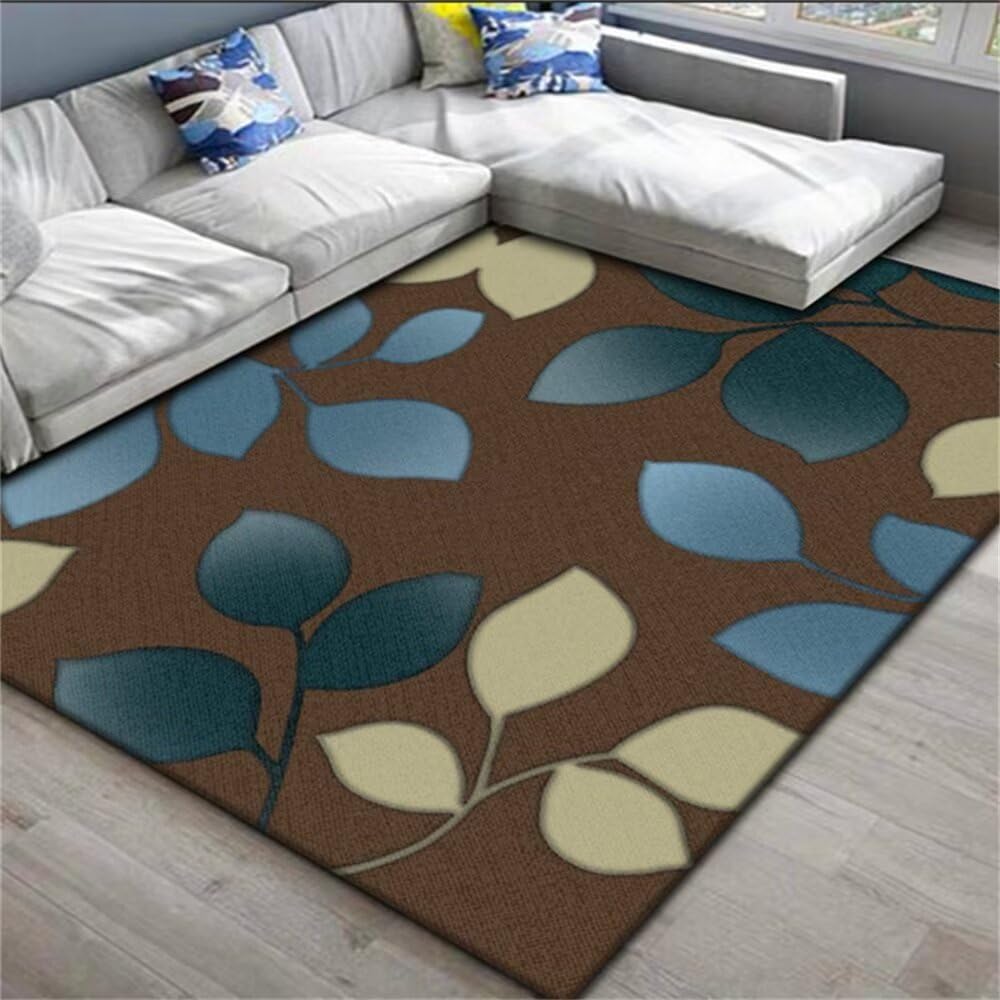Tapis de salon résistant à l'usure, motif oriental feuille bleue 80x200cm doux pour gamer