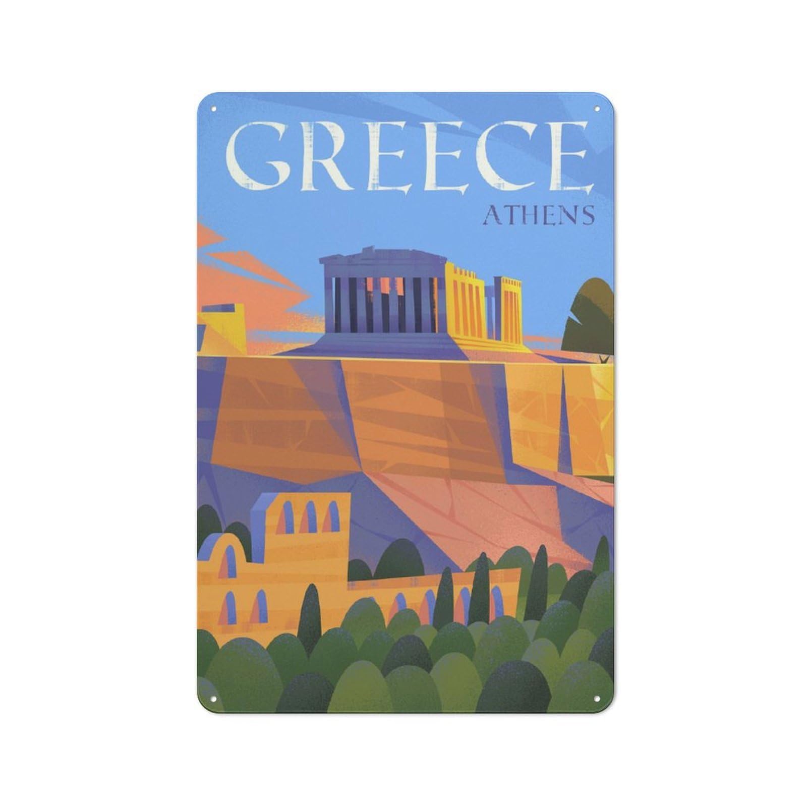 Junmoney Style-9 For Guest Room Or Hallway, Athens, Greece Illustration Vintage Metal Sign 30X20cm, New-Space Wall Decor For Home Decor Collectors