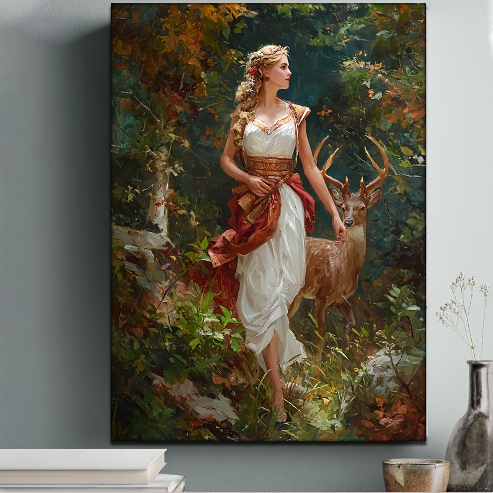 CWZBFEH Depicting The Mythical Roman Goddess Diana Alongside a Deer in a Serene Forest Setting, for Living Room(30x40cm/No frame)