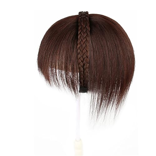 MIYYO Diadema trenzada de 10 pulgadas para mujer, extensiones de cabello lacio 100% real, color marrón natural, extensiones de cabello con flequillo