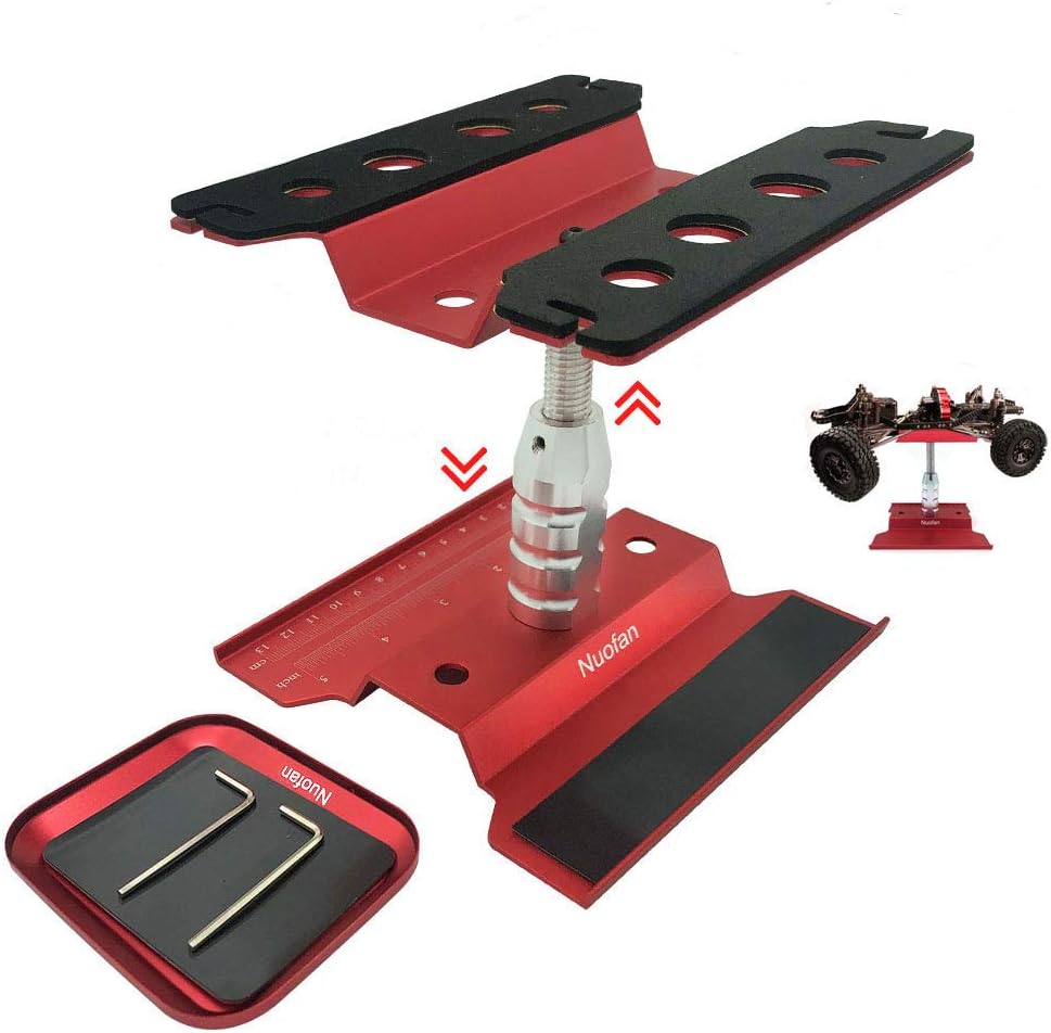 RC Car Work Stand Aluminum Repair Workstation 360 Degree Rotation Lift Lower w/Screw Tray for 1/10 1/12 1/16 Scale Traxxas TRX4 Axial Arrma Redcat Losi RC Crawler Monster Truck Buggy (Red)