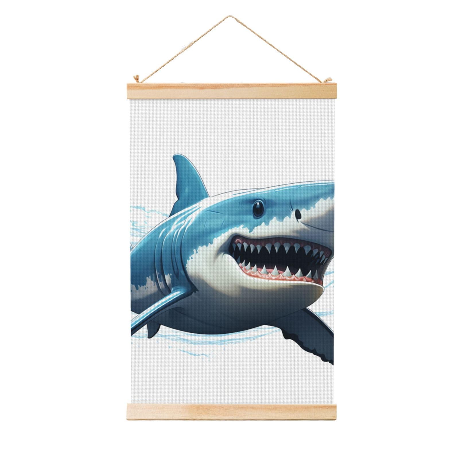 Blue Shark Posters Wooden Shaft Hanging Poster Canvas Prints Scroll Wall Art Painting Vintage Wall Banner Modern Artwork Decor for Home Decor Ready to Hang 20"x30"