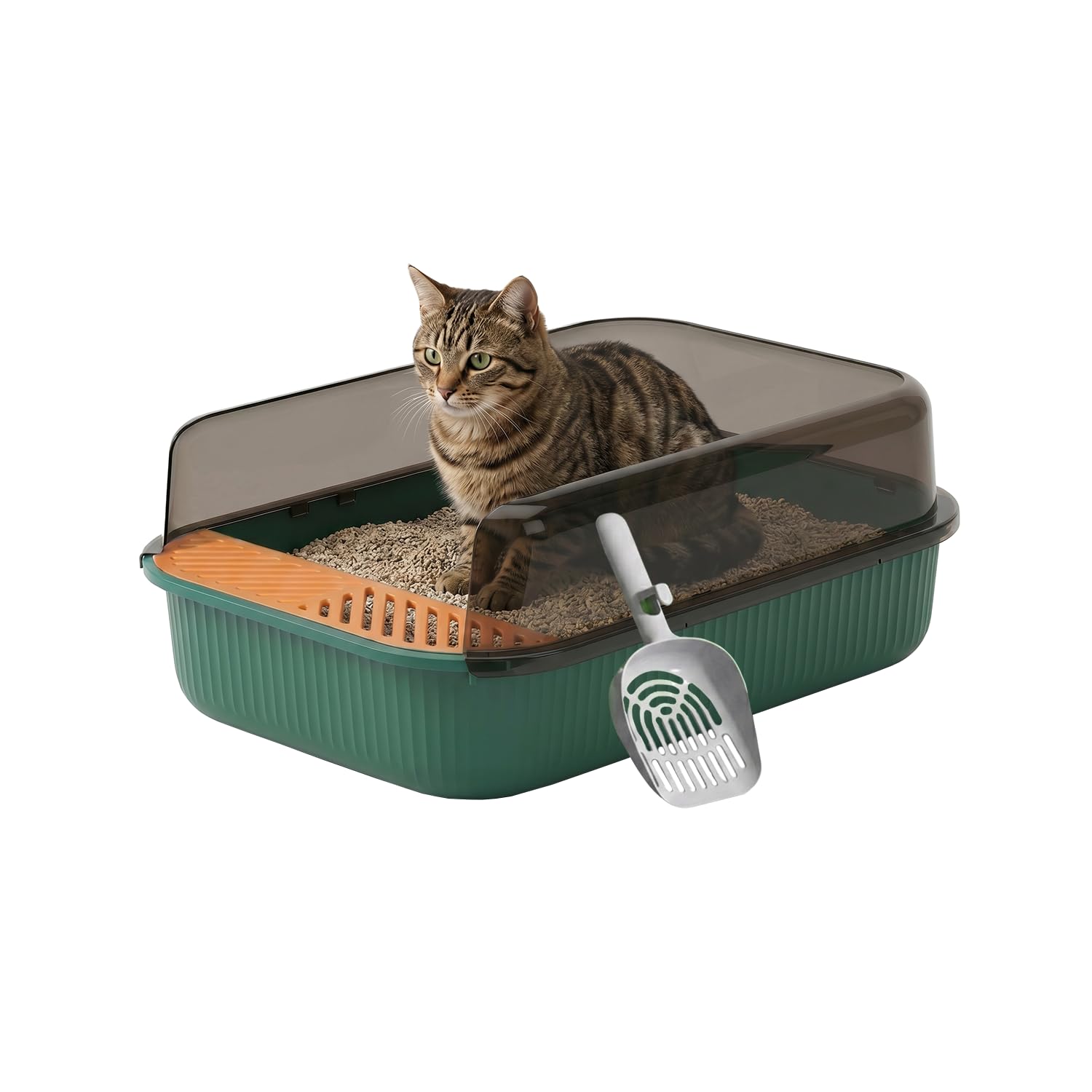 PAWSWARE Medium Cat Litter Tray with High Sides Splash Proof Design - Semi Enclosed Pet Toilet with Anti Tracking Easy Clean Surface - Durable Non Toxic Plastic Litter Box with Scoop (Retro Green)