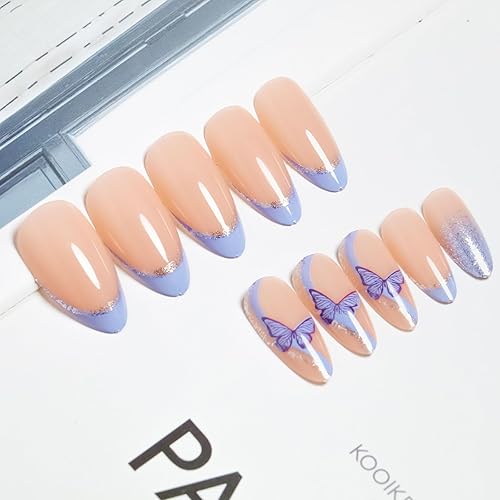 Miniatura 2 de Uñas postizas de almendra, uñas acrílicas de cobertura completa con diseños de mariposas, manicura francesa, color piel, brillante, para mujer