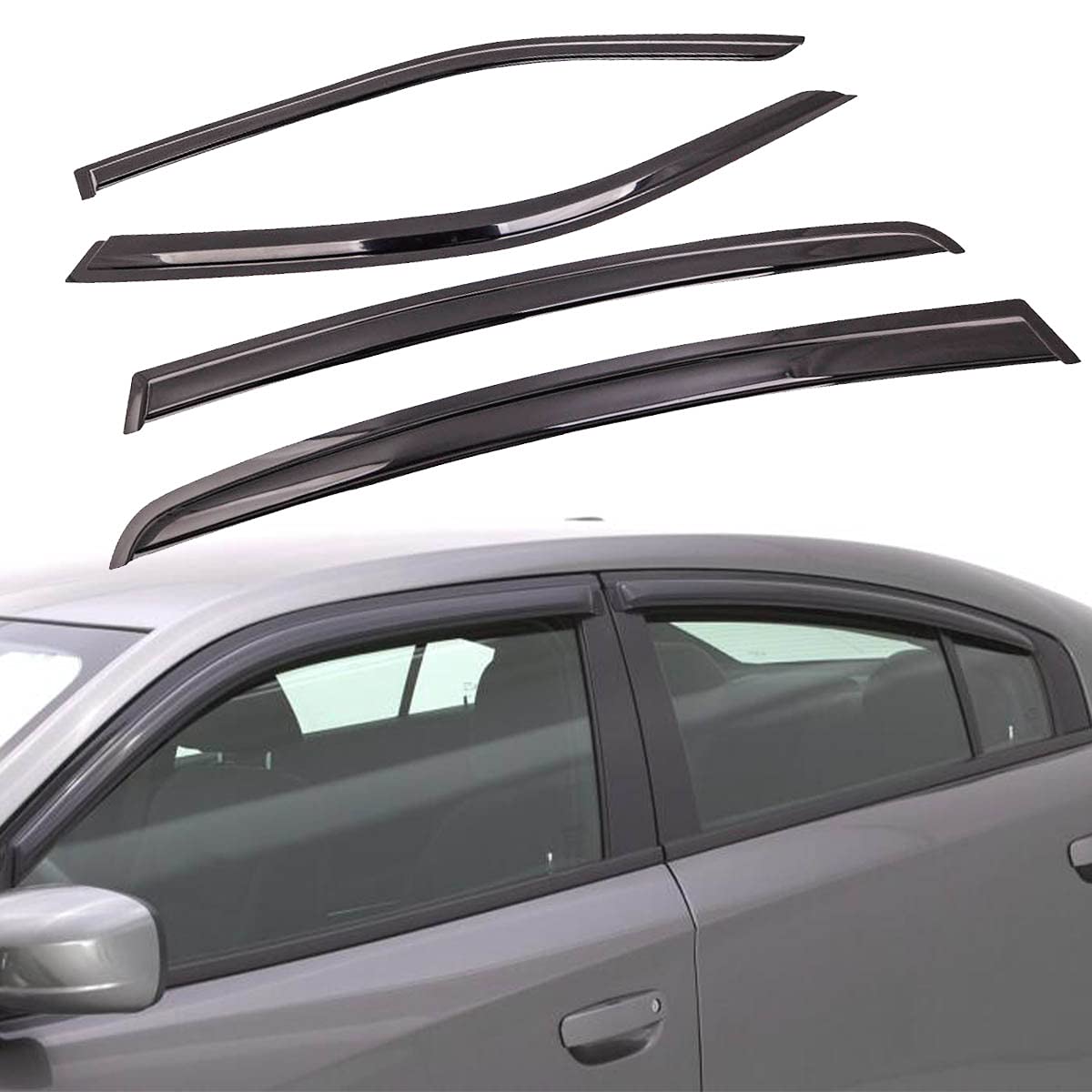 Tape-on Window Visor Compatible with 2011-2020 Dodge Charger Outside Mount Ventvisor Slim Style Rain Guards Side Window Deflector Wind Deflector Acrylic Dark Smoke, 4 Pcs Set