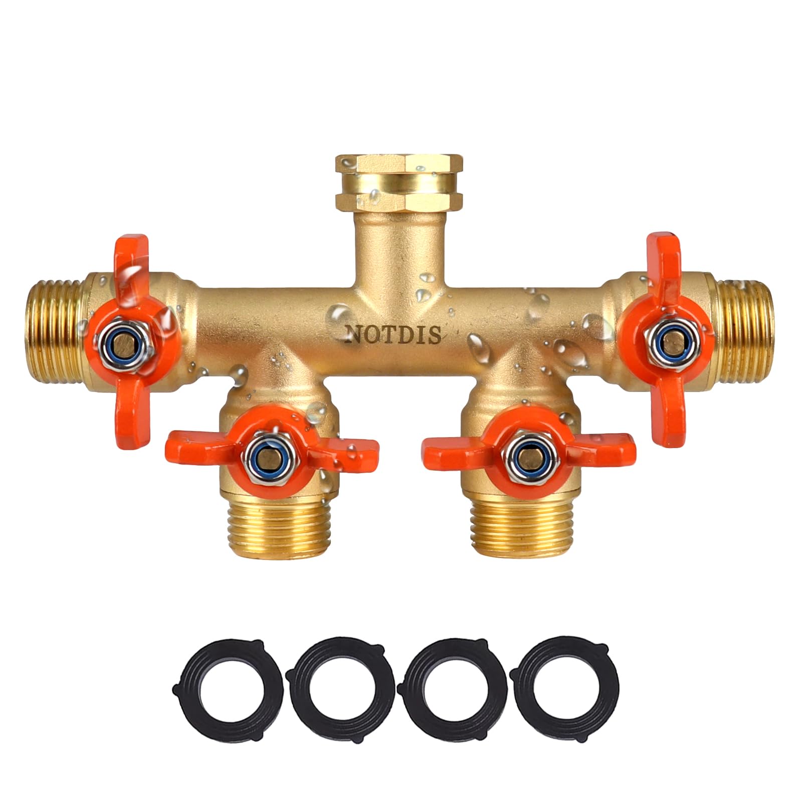 Photo 1 of 4 Way Brass Hose Splitter Full Flow with Metal Handle - Heavy Duty Spigot Splitter with Shut Off Valve, 3/4" GHT Garden Tap Connector