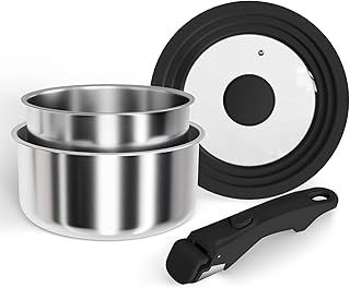 Set 4 pièces casseroles inox,18/20 cm + 1 poignée amovible,casserole induction, Acier inoxydable, Empilable, Gain de place