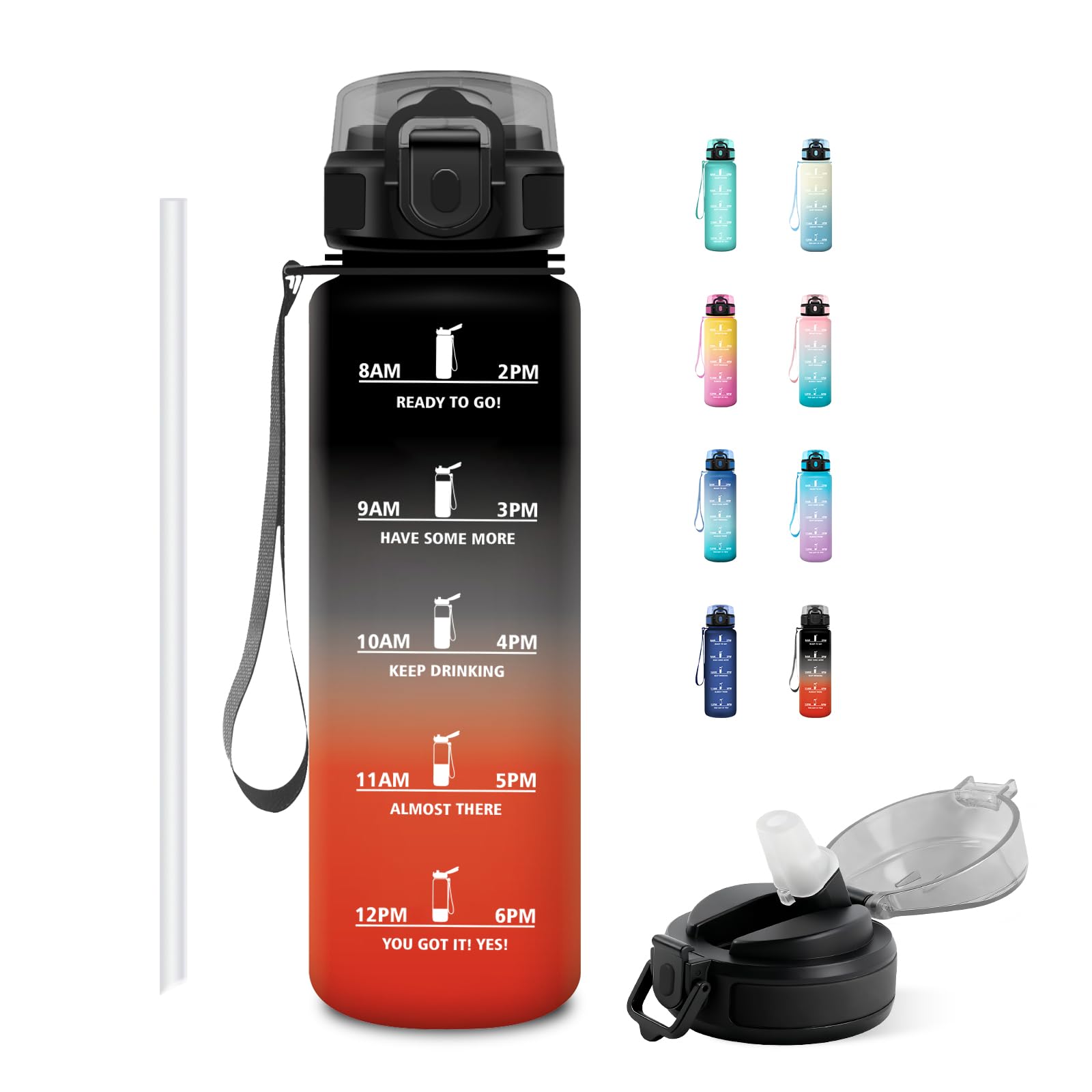 JAPORIA 1L Water Bottle with Straw and Time Marker, BPA Free Water Bottles for Students, Gym, Office, Yoga