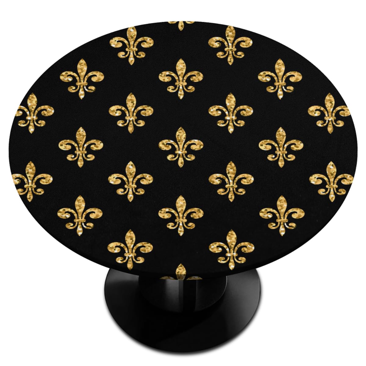 Golden Ethnic Flower Round Fitted Tablecloth Round Table Cover with Elastic Edge Waterproof Wipeable Circle Outdoor Table Cloths for Party Patio Kitchen Decor Fit 45"-50" Table Pad