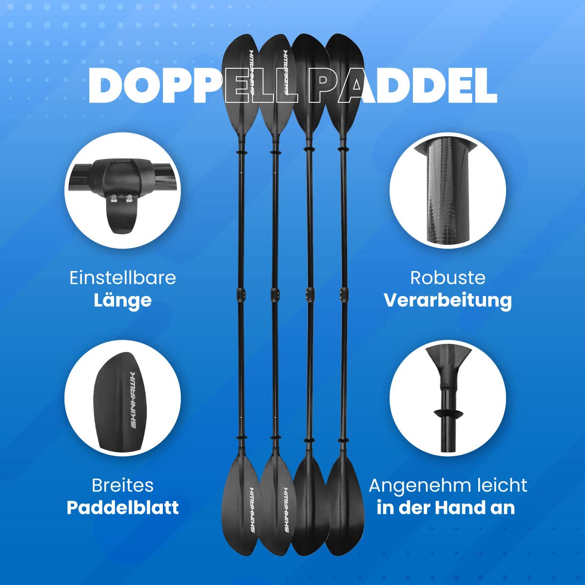 Skinhawk Fiberglas/Carbon Doppelpaddel 4-teilig für Kajakfahren Ruderboot Kanusport