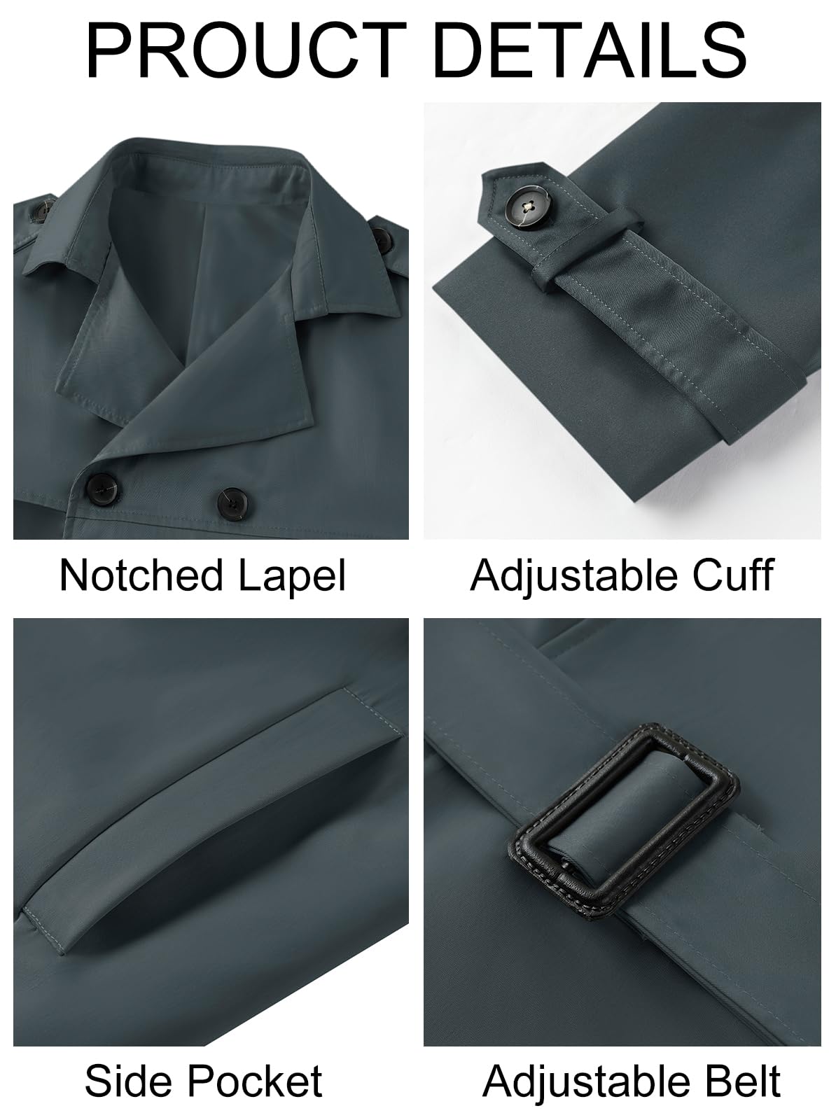Pretifeel Trenchcoat für Herren, schmale Passform, zweireihig, lang, gekerbter Revers-Gürtel, winddichter Herbstmantel