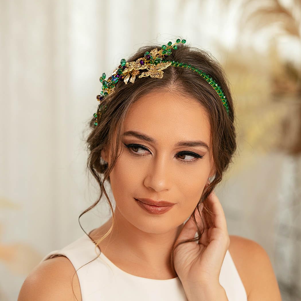 IYOU Bridal Wedding Headband Green Sparkly Crystal Hair Bands Butterfly Prom Bridesmaid Guest Hair Accessories for Women - Image 3
